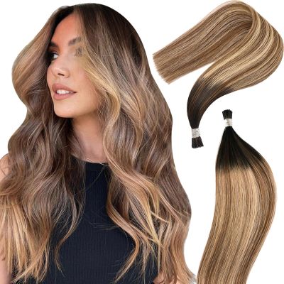 DIYOMO I Tip Hair Extensions - Human Hair,Naturl Black to Chestnut Brown Mixed with Platinum Blonde 22 Inch For Women Soft & Natural Itip Human Hair Extensions 50g 50s