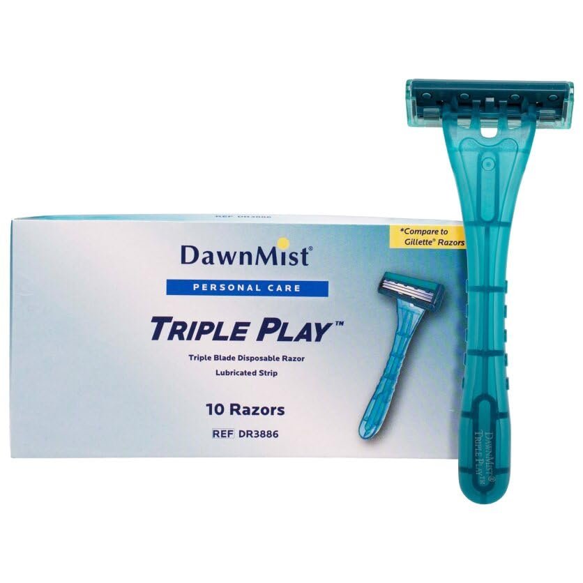 DawnMist Triple Play Razors  Triple Blade with Lubricating Strip, Single Edge, Teal, 2 Pack (20 Count)