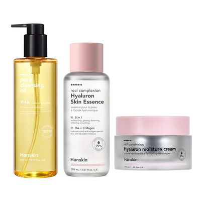 Hanskin Glass Essentials Set PHA Pore Cleansing Oil, Hyaluron Skin Essence & Moisture Cream | Hydration, Pore Care & Exfoliation for All Skin Types | Korean Skincare Set, K-Beauty
