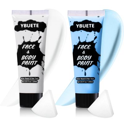YBUETE 2Pcs Face Body Paint, Professional Paint for Halloween Cosplay Costume Party, Full-coverage Multi-Color Cream Makeup Body Paint for Adults Halloween Cosplay SFX Makeup Paint (White+Light Blue)