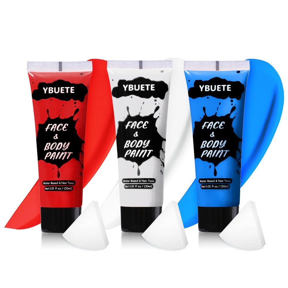 YBUETE 3Pcs Face Body Paint, Professional Paint for Halloween Cosplay Costume Party, Body Paint for 4th of July Pride Independence Day or America's Patriotic Veterans Events, USA Flag Face Painting