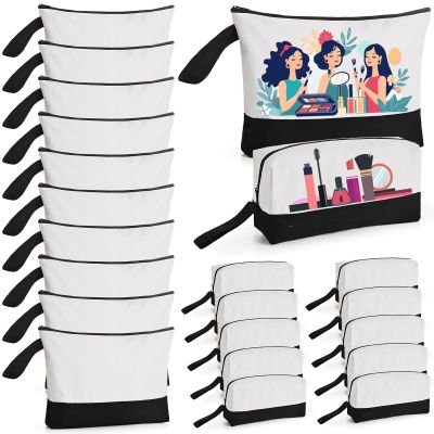 20 Pcs Canvas Makeup Bag with Bottom, 12oz Cotton Cosmetic Bag Set Bulk Multi-Purpose DIY Heat Transfer Makeup Bags with Black Zipper for Bridesmaid Makeup Bag Travel Toiletry Pouch Storage, Christmas