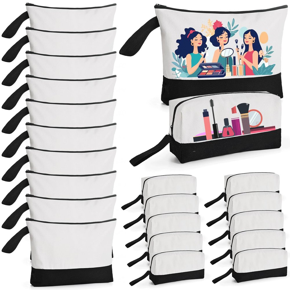 20 Pcs Canvas Makeup Bag with Bottom, 12oz Cotton Cosmetic Bag Set Bulk Multi-Purpose DIY Heat Transfer Makeup Bags with Black Zipper for Bridesmaid Makeup Bag Travel Toiletry Pouch Storage, Christmas