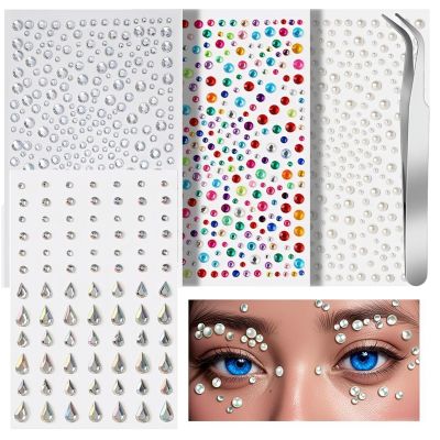 1059Pcs Self Adhesive Rhinestone Face Gems and Pearls for Makeup, Assorted Rhinestone Sticker Designs with Precision Tweezers for Women Nails, Hair gems, Face, Eye, Body, Crafts (circle/droplets)