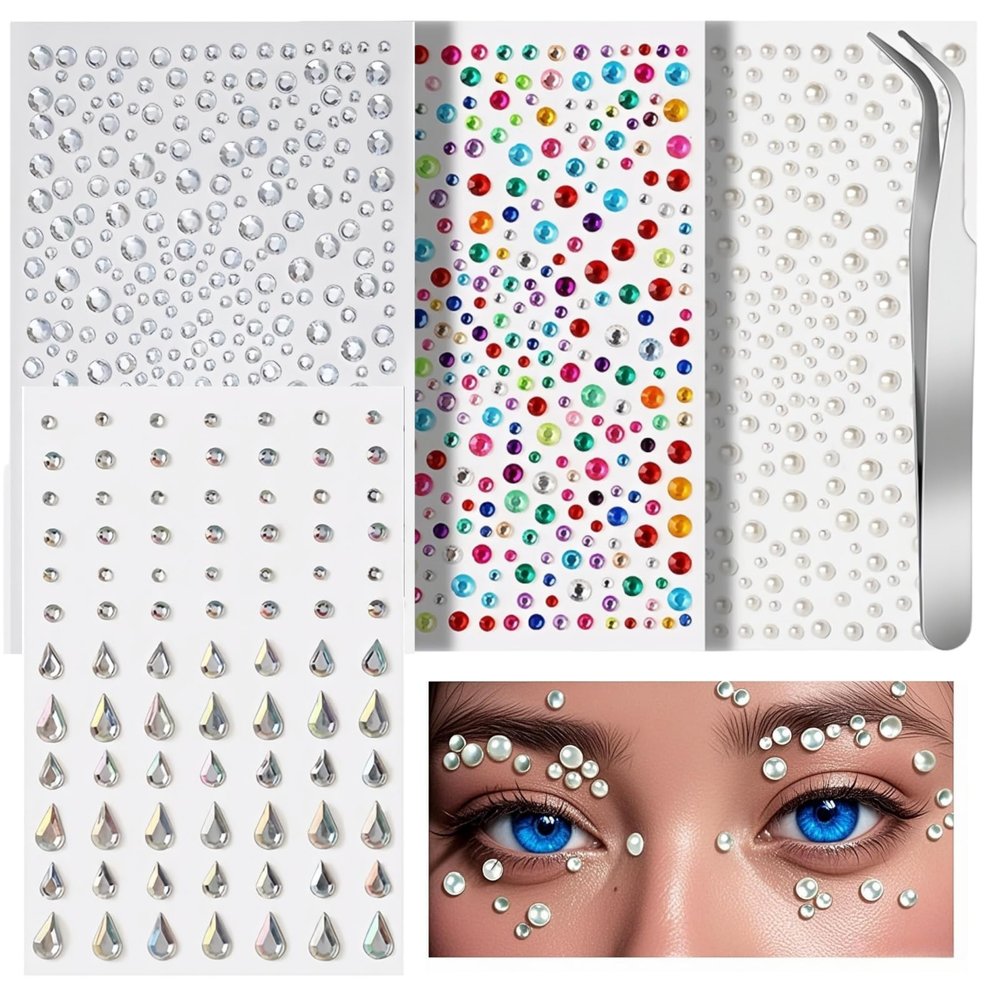 1059Pcs Self Adhesive Rhinestone Face Gems and Pearls for Makeup, Assorted Rhinestone Sticker Designs with Precision Tweezers for Women Nails, Hair gems, Face, Eye, Body, Crafts (circle/droplets)