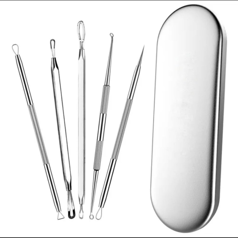 Blackhead Removal Tool Set  5 Pcs Stainless Steel Extractor Kit with Anti-Slip Grip  Professional Pimple, Acne, and Blemish Remover  with Elegant Carrying Case