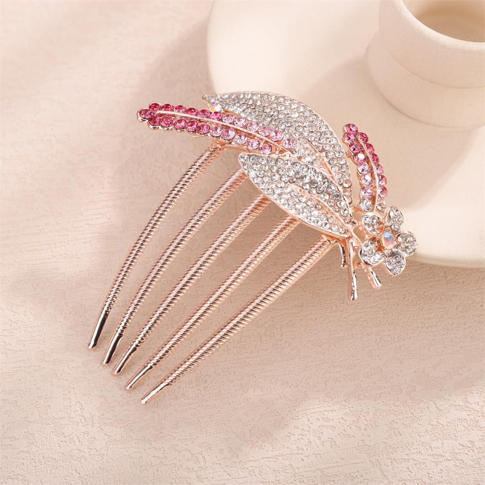 Aimimier Bridal Crystal Hair Comb for Women Leaf Hair Side Comb Rhinestone Inlaid Long Teeth Hair Piece Prom Wedding Hair Accessories (Pink)