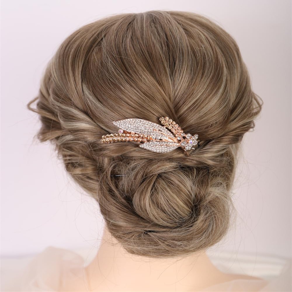 Aimimier Bridal Crystal Hair Comb for Women Leaf Hair Side Comb Rhinestone Inlaid Long Teeth Hair Piece Prom Wedding Hair Accessories (Champagne)