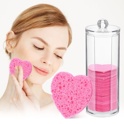 120 Pcs Compressed Facial Sponges with Container, Disposable Natural Face Sponges Round Soft Pads with Container for Washing Face Cleansing Exfoliating Esthetician Makeup Removal Travel (Heart, Pink)