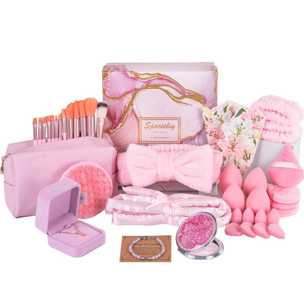 40PCS Trendy Stuff Gifts Set for Teen Girls -Makeup Brushes Set + Blending Sponges + Silk Heatless Curling Set + Jewelry Set & Skincare Headbands | Birthday Gift for Daughter, Niece, Her (Pink)