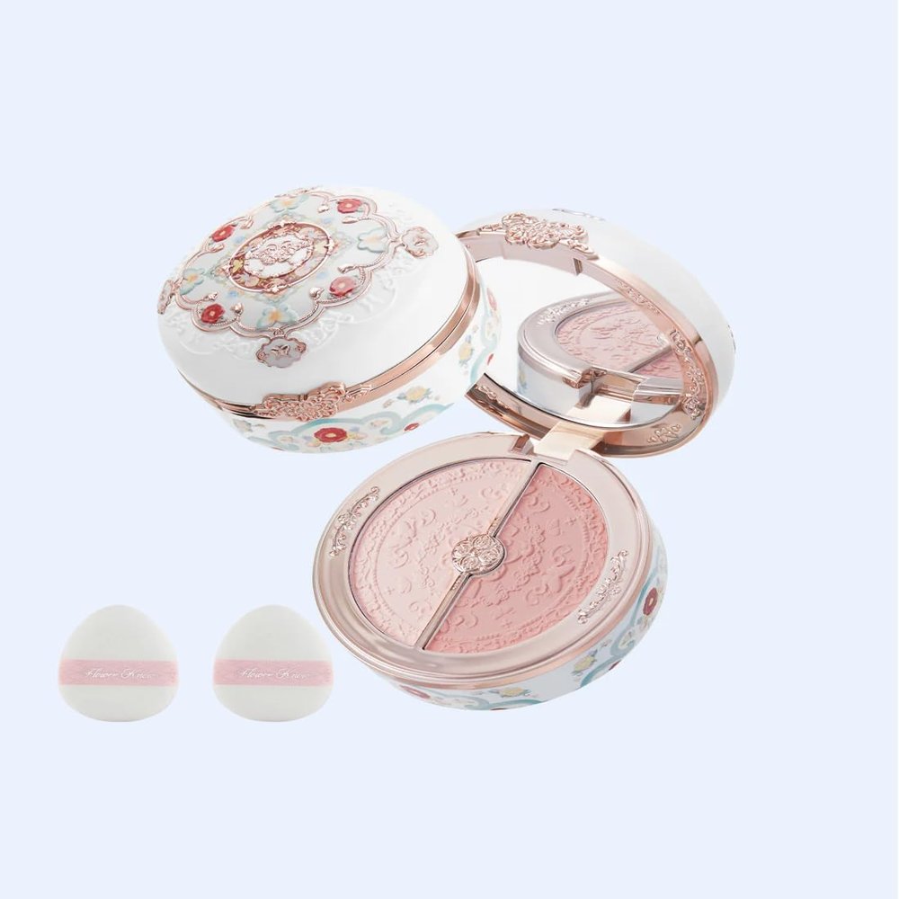 Flower Knows Butterfly Cloud Collar Rouge Box Highlighting & Blush Duo Powder+Puffs Set,Matte Finish,Buildable & Blendable Makeup Blush for cheeks,Soft & Long-lasting for Girls & Women(01 Rouge Snow)