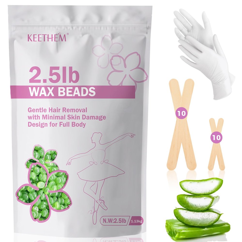 Keethem 2.5lb Wax Beads, Hard Wax Beads for Coarse Hair Removal and Sensitive Skin- Waxing Beads for Women Men - Hard Wax Recommended for Full Body Bikini Brazilian Waxing (Aloe)
