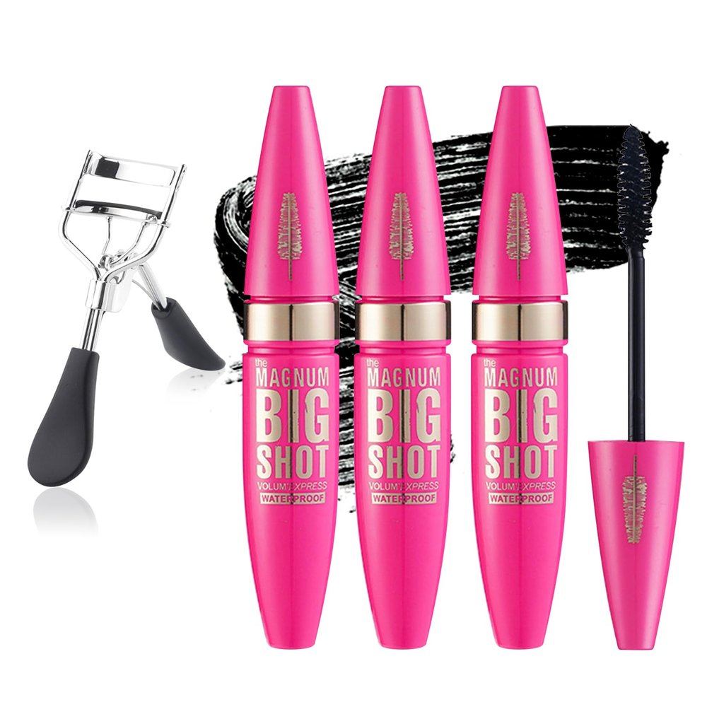 Black Telescopic Mascara Set,3PCS Black Mascara Volume and Length for Eye Makeup,Waterproofing No Clumping,No Smudging Curly Lash Cream with Eyelash Curlerr(C)