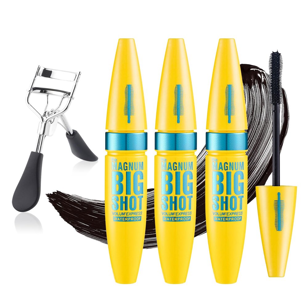 Black Telescopic Mascara Set,3PCS Black Mascara Volume and Length for Eye Makeup,Waterproofing No Clumping,No Smudging Curly Lash Cream with Eyelash Curler(B)