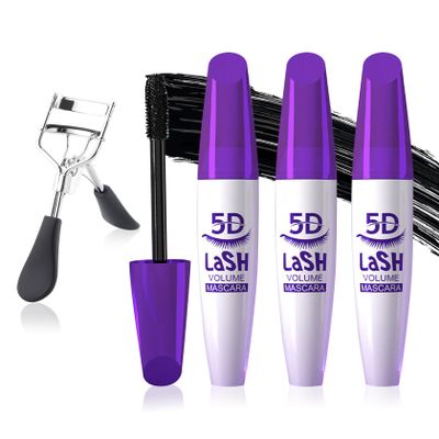 Black Telescopic Mascara Set,3PCS Black Mascara Volume and Length for Eye Makeup,Waterproofing No Clumping,No Smudging Curly Lash Cream with Eyelash Curler(A)