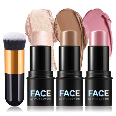 3Pcs Cream Contour Stick Makeup Kit with Makeup Brush,Shades with Highlighter,Brush Stick,Cream Bronzer for Sculpt the Cheeks,Long-lasting Waterproof Lightweight Contour Set