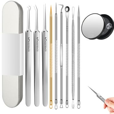 10 Pcs Acssart Blackhead Remover Tools, Acssart Stainless Steel Blackhead Remover Kit, Pimple Popper Tool Kit, Blackhead Tweezers with 15x Magnifying Glass, Metal Case