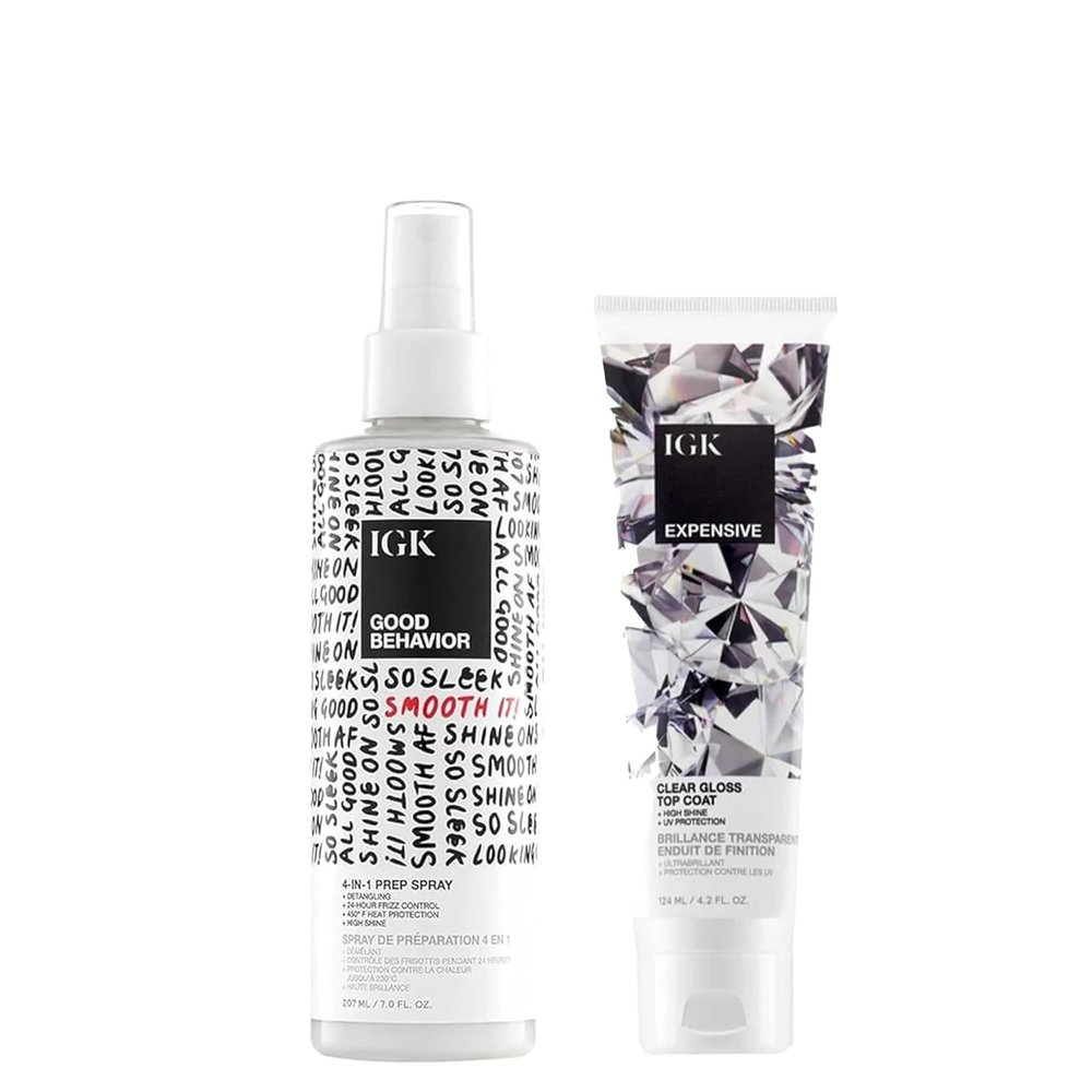 IGK Good Behavior 4-in-1 Prep Spray + Expensive Clear Gloss Top Coat | Shine + Strengthen + Smooth | Vegan + Cruelty Free | 7 oz + 4.2 oz