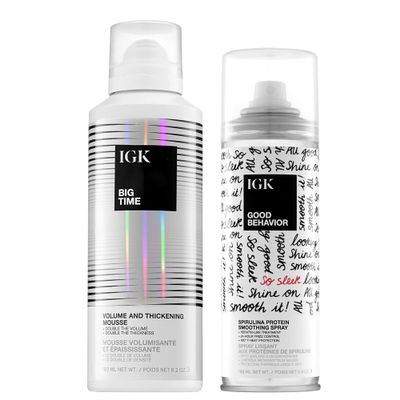 IGK Good Behavior Spirulina Protein Smoothing Spray + Big Time Volume Hair Mousse | Protect + Smooth + Add Volume | 6.2 Oz + 5.6 Oz