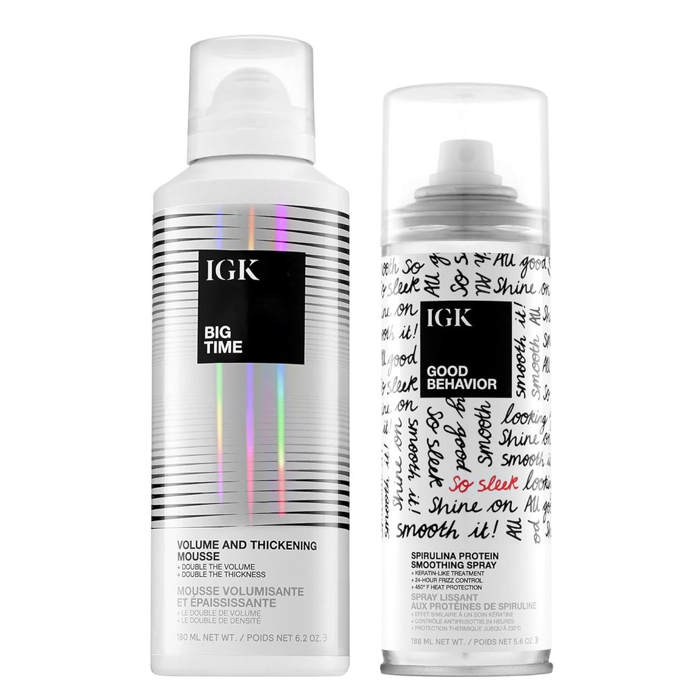 IGK Good Behavior Spirulina Protein Smoothing Spray + Big Time Volume Hair Mousse | Protect + Smooth + Add Volume | 6.2 Oz + 5.6 Oz