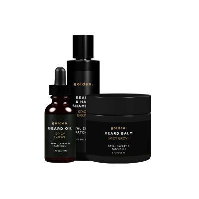 Golden Grooming Co. Everyday Beard Bundle Complete Beard Care Set | Includes Beard Oil, Balm & Shampoo (Regular, Spicy Grove)