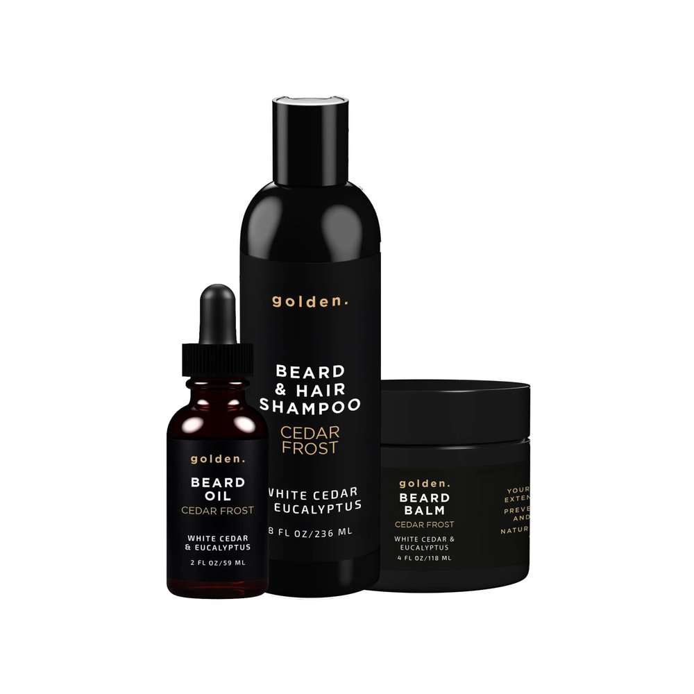 Golden Grooming Co. Everyday Beard Bundle Complete Beard Care Set | Includes Beard Oil, Balm & Shampoo (XL, Cedar Frost)
