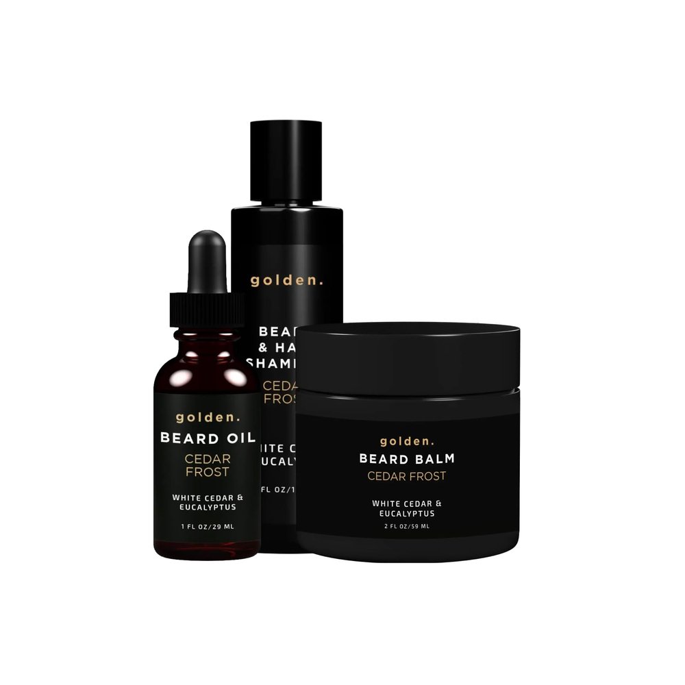 Golden Grooming Co. Everyday Beard Bundle Complete Beard Care Set | Includes Beard Oil, Balm & Shampoo (Regular, Cedar Frost)