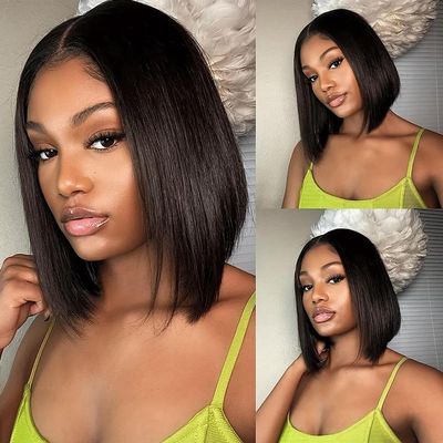 13x4 Lace Front Bob Wig Human Hair Lace Glueless Bob Wig Human Hair HD Transparent Short Straight Frontal Bob Wig for Black Women Human Hair Pre Plucked with Baby Hair Free Part Natural Color 14Inch