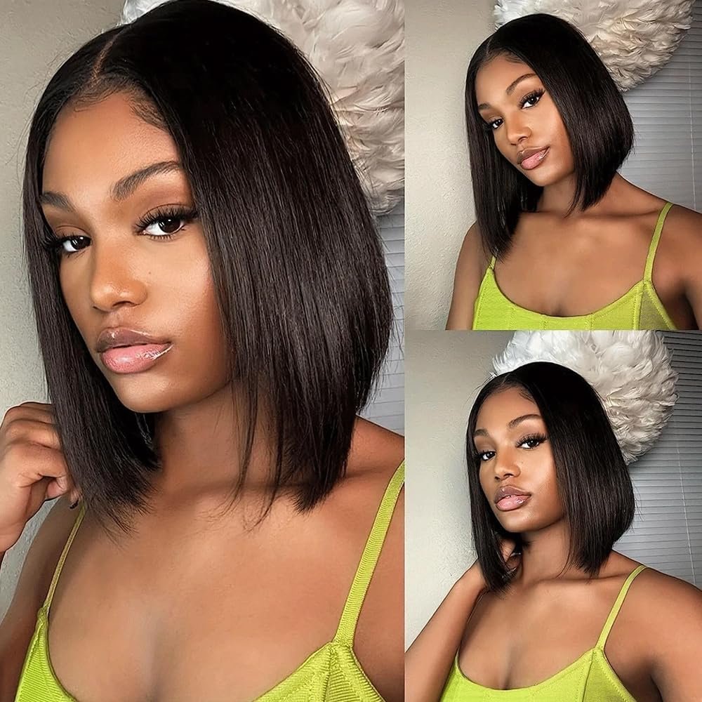 13x4 Lace Front Bob Wig Human Hair Lace Glueless Bob Wig Human Hair HD Transparent Short Straight Frontal Bob Wig for Black Women Human Hair Pre Plucked with Baby Hair Free Part Natural Color 14Inch