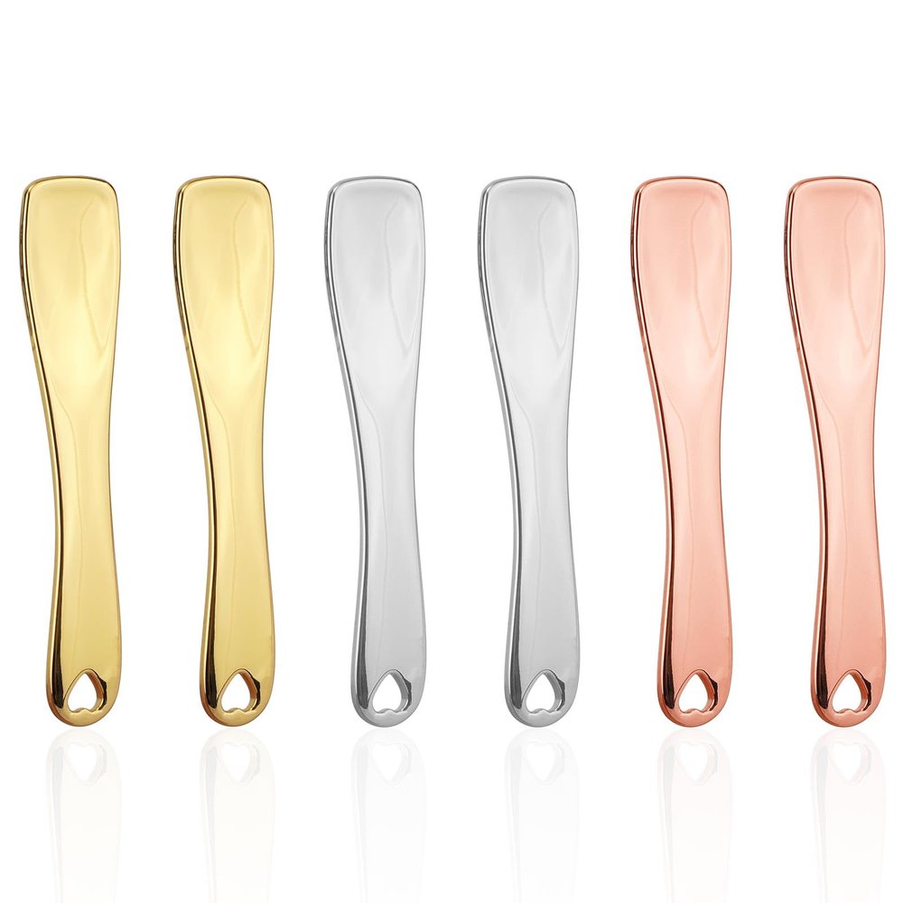 6pcs Mini Metal Makeup Spatula, Reusable Cosmetic Spoon with Storage Box Skincare Scoop Multifunctional Facial Applicator Beauty Tools for Eye Cream Lotion Mask(Gold, Silver, Pink) 