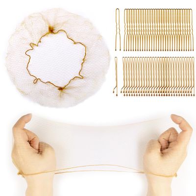 130PCS Hair Nets and Pins Set-30 Invisible Mesh Nets with Elastic Edge (12, 24 Inch), 50 U-Shaped Pins 50pcs Bobby Pins for Ballet Buns, Sleeping, 2 Size Golden