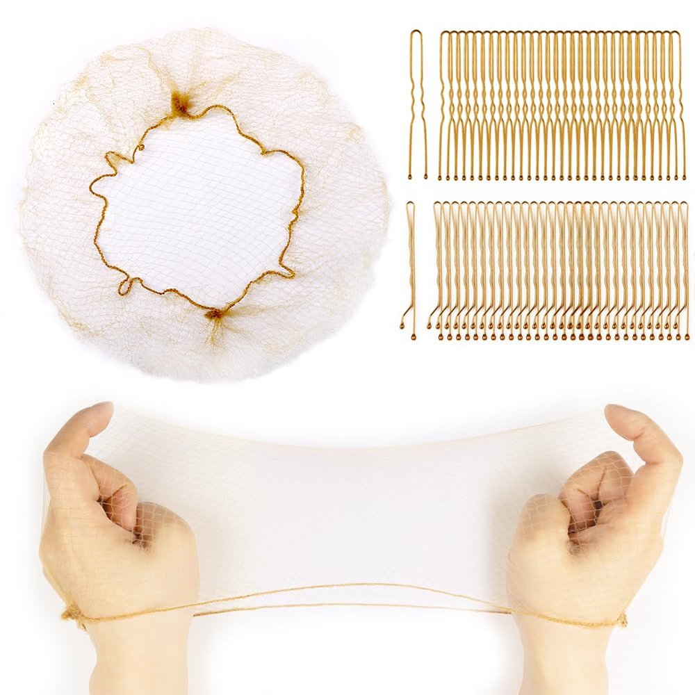 130PCS Hair Nets and Pins Set-30 Invisible Mesh Nets with Elastic Edge (12, 24 Inch), 50 U-Shaped Pins 50pcs Bobby Pins for Ballet Buns, Sleeping, 2 Size Golden