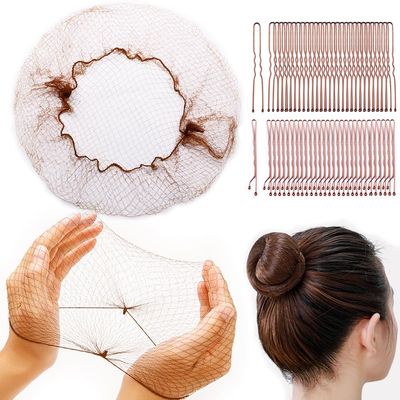 130PCS Hair Nets,30 Invisible Hair Nets (12, 24 Inch) for Ballet Recital,50 U-Shaped Hair Pins 50 Bobby Pins for Bun Maker Kitchen Hair Nets for Men Bun Nets for Women,2 Size Light Brown