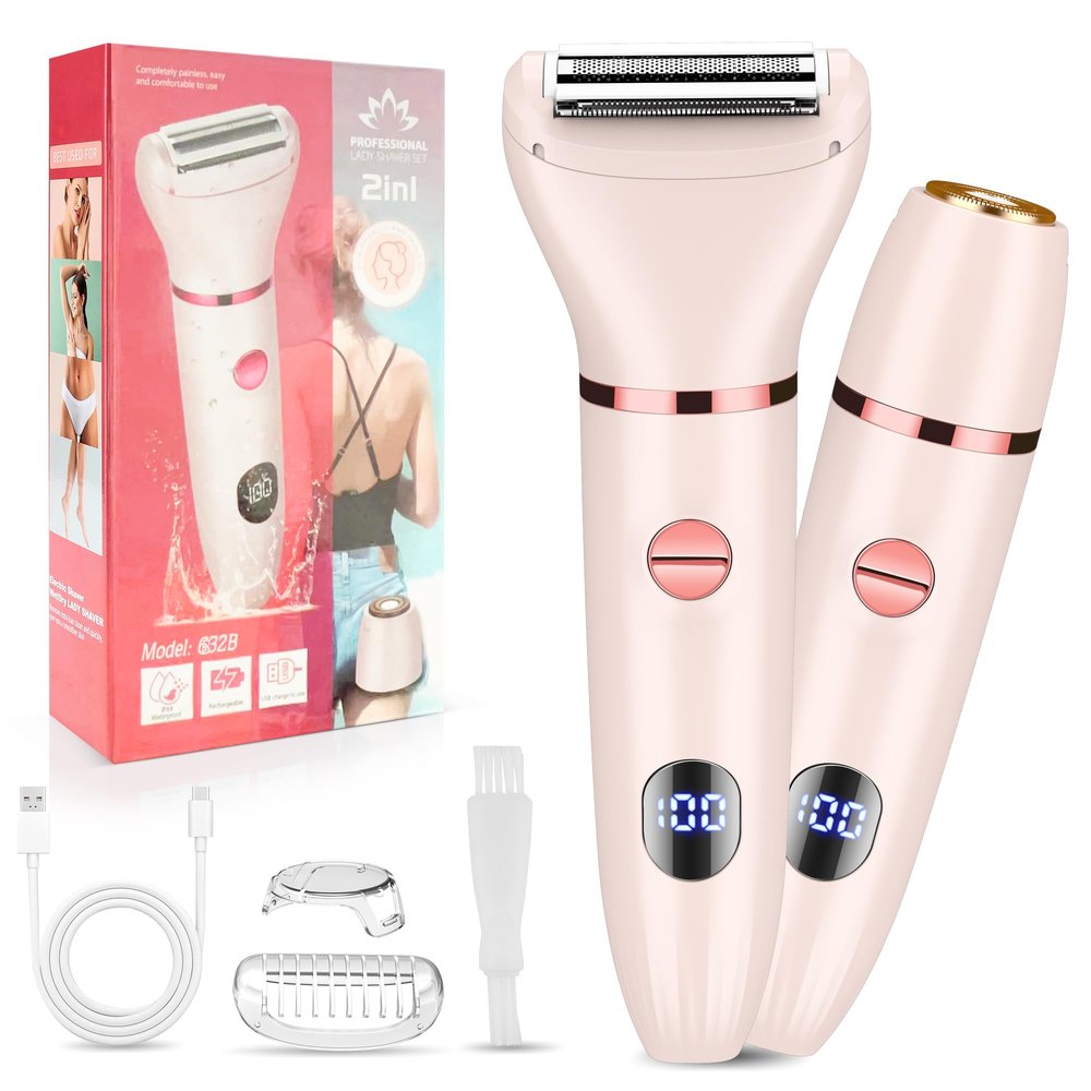 Karrte 2-in-1 Women Electric Shaver Dual Head Bikini Trimmer, Razors for Shaving Pubic Hair, Wet and Dry Cordless Painless Hair Removal for Private Area Pink
