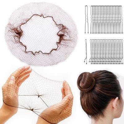 130PCS Hair Nets Set Invisible Elastic Hair Nets for Women U-Shaped Hair Pins for Ballerina Buns - 30pcs Brown Nets (12, 24 Inch) and 50 U-Hair Pins 50pcs Bobby Pins,2 Size Brown