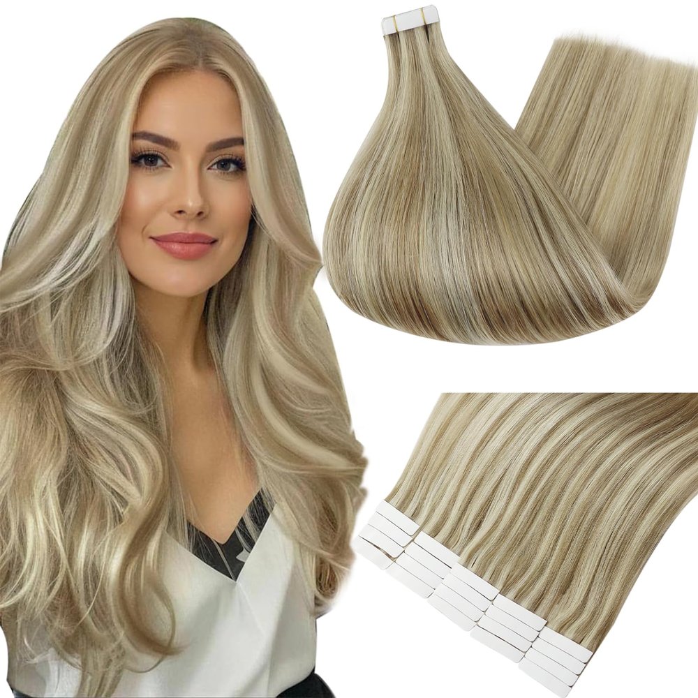 Full Shine Tape in Human Hair 20 Inch Tape in Hair Extensions Tape in Remy Hair Extensions 50 Gram Color 16 Highlight 22 Blonde Double Sided Tape Hair 20 Pcs Real Human Hair Tape in Extensions