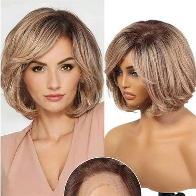 12 In Lace Front Human Hair Wigs For Women Short Layered Wavy Bob Wig With Bangs Remy Human Hair Wigs