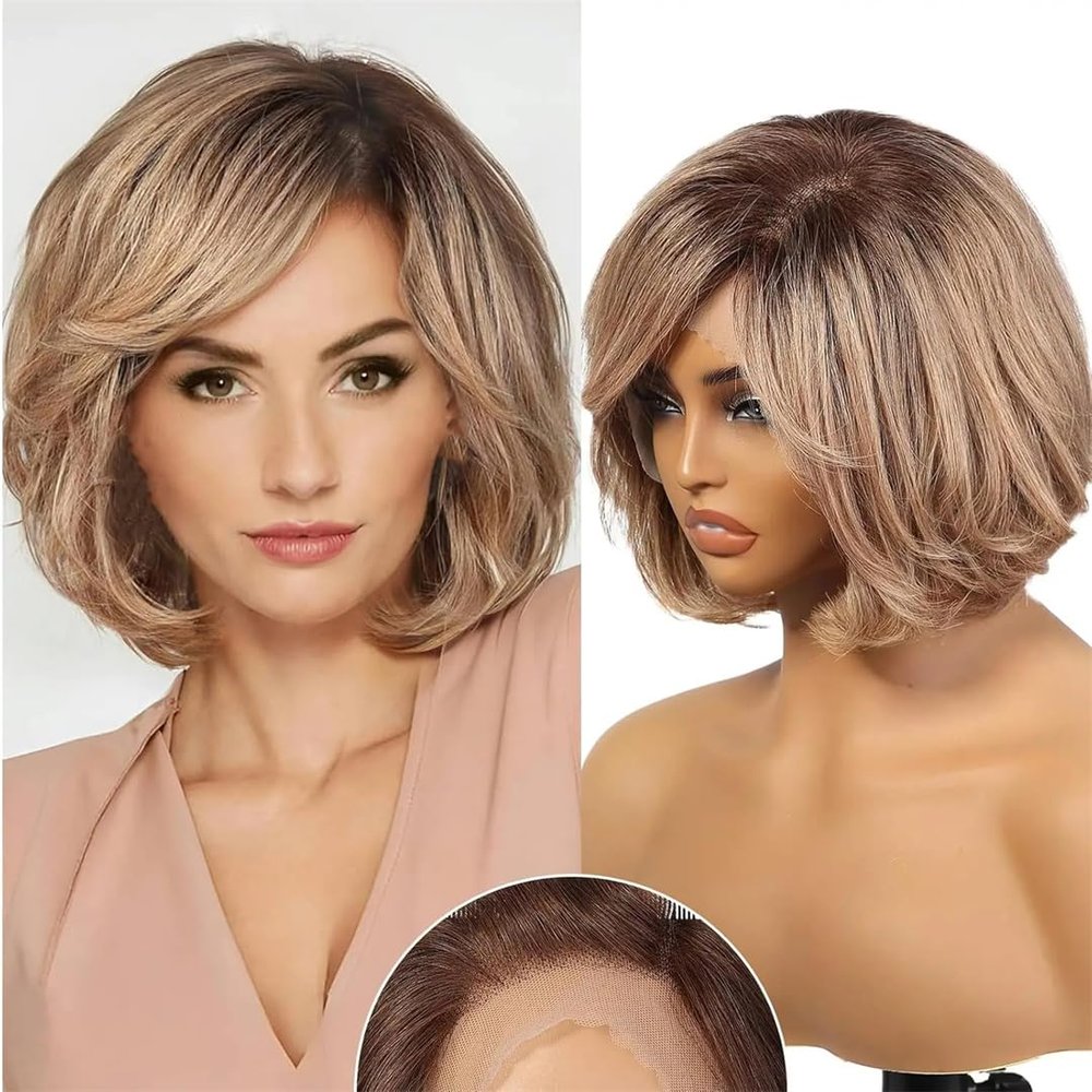 12 In Lace Front Human Hair Wigs For Women Short Layered Wavy Bob Wig With Bangs Remy Human Hair Wigs