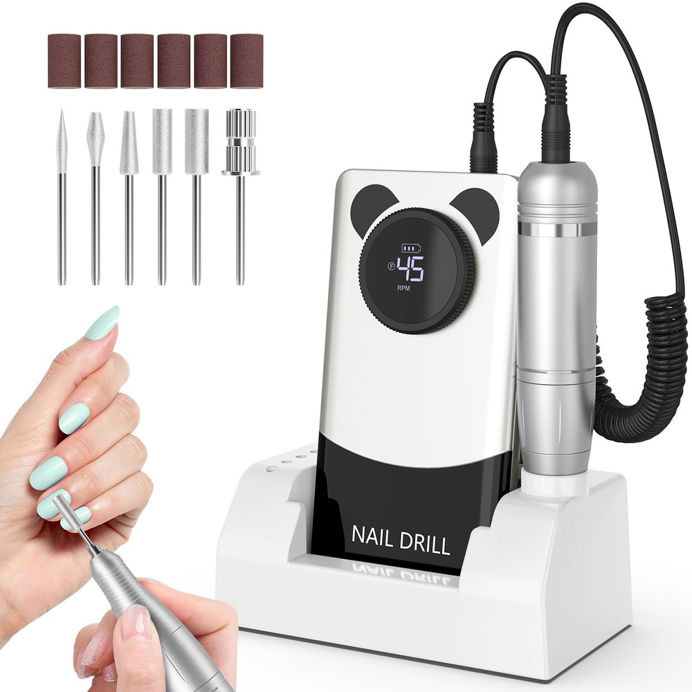 Electric Nail Drill Professional: 45000RPM Rechargeable Nail File with Bits & Base for Acrylic Gel Nails, Professional Nail Drill Manicure Pedicure Polishing Shape Tools for Home Salon