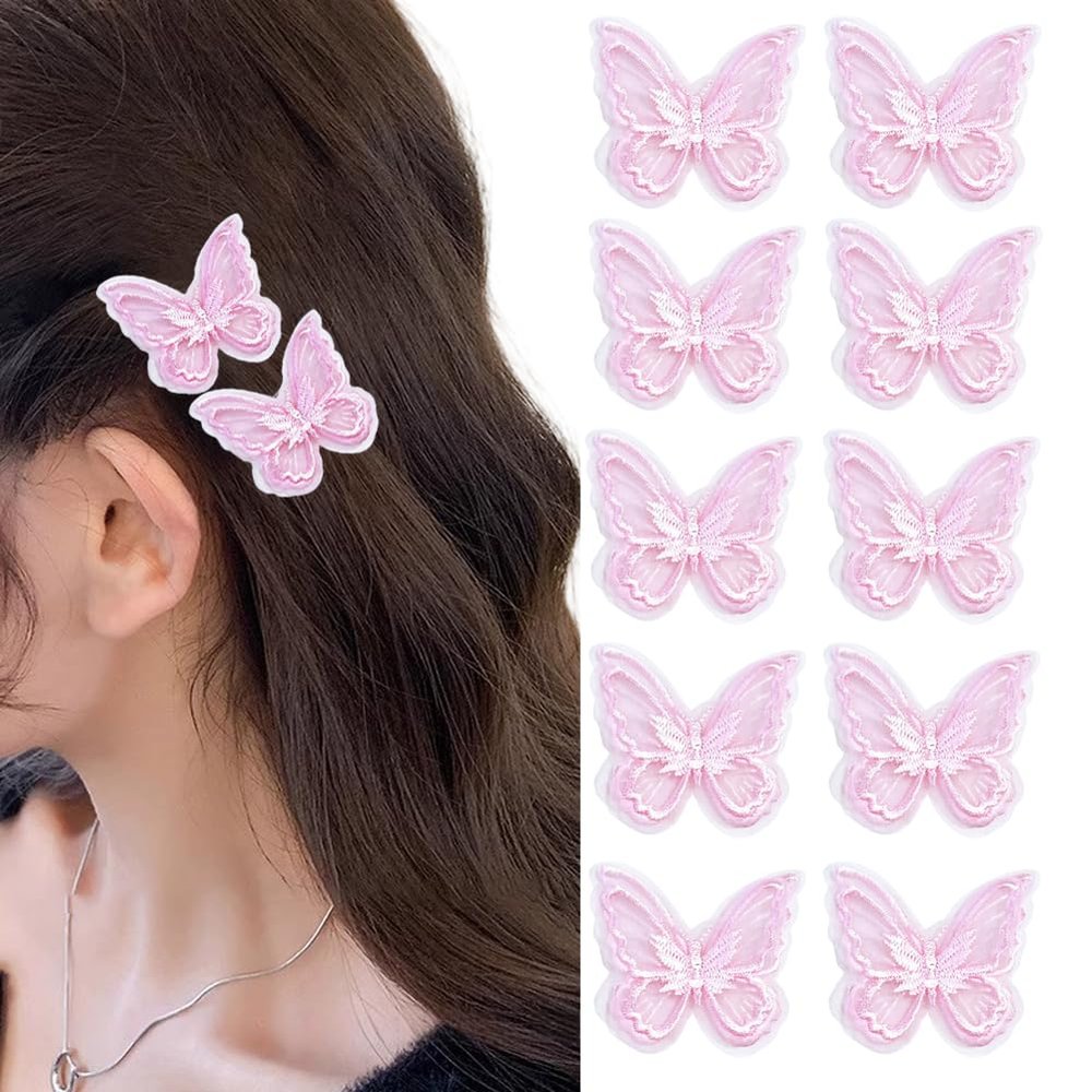 10Pcs Double Layer Butterfly Hair Clips Lace Embroidery Butterfly Hair Pins Decorative Alligator Clips Wedding Hair Accessories for Women Party Cosplay (Light Pink)