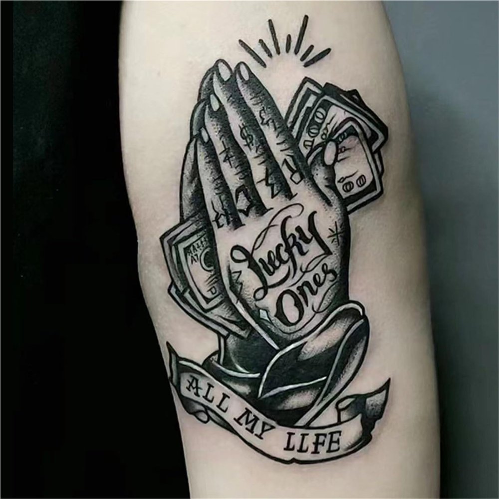 2pcs Praying Hands Juice Tattoo Sticker, Semi-Permanent Tattoo, Realistic Fake Tattoo, Lasts 7-15 Days, Waterproof Non-Reflective Temporary Tattoo Sticker