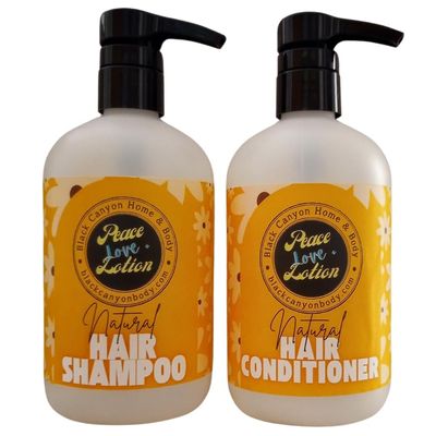 Peace Love + Lotion Amber Vanilla Scented Natural Hair Shampoo and Conditioner Set, 16 Oz Shampoo - 16 Oz Conditioner