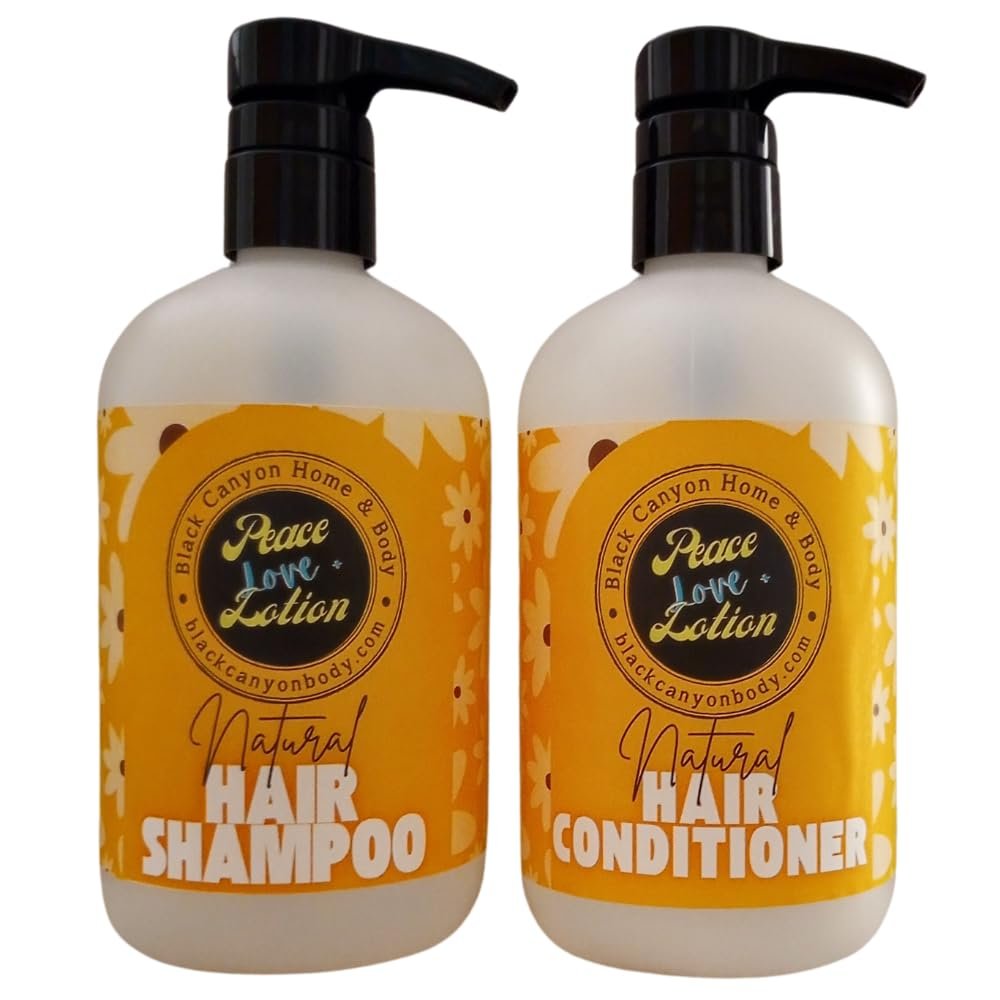Peace Love + Lotion Amber Vanilla Scented Natural Hair Shampoo and Conditioner Set, 16 Oz Shampoo - 16 Oz Conditioner