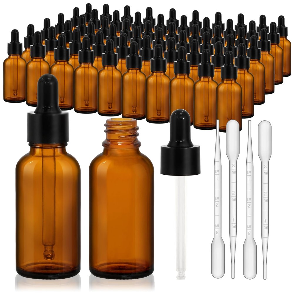 KEYWING 60 Pack 1oz Eye Dropper Bottles  30ml Leakproof Amber Glass Bottles for Essential Oils, Tinctures, Hair Oil, Travel Liquids