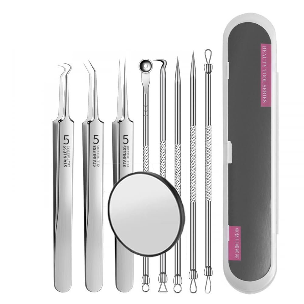 Blackhead Remover Tweezers, with Storage Case and Mirror Stainless Steel Blackhead Remover Kit, Craft Tweezers Acne Remover Tools (8pcs)
