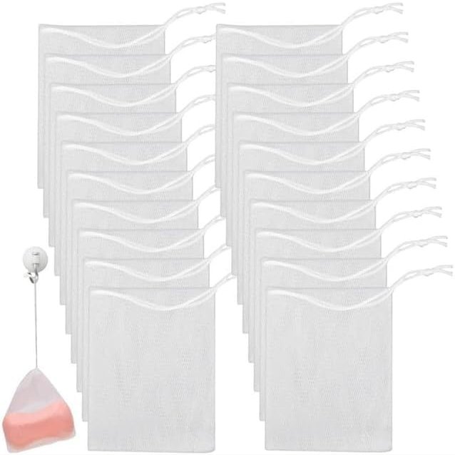 20 Pcs White Exfoliating Mesh,Soap Saver Pouch Bags Mesh Soap Bag Soap,Handmade Soap Net Bags with Drawstring Meshs Foaming Net Soaps Sack Bags for Bath and Shower,Cleansers Bathing Accessories