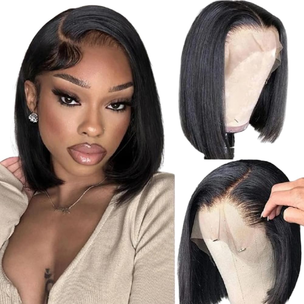 13x4 HD Lace Front Bob Wig Human Hair Straight Glueless Transparent Lace Pre Plucked with Baby Hair 12 Inch 180% Density 10A Natural Color Bob Wigs for Women