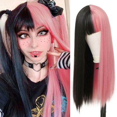 ORAVISTA Half Grey Half Black Long Straight Synthetic Wigs for Women with Bangs Natural Look Heat Resistant Halloween Cosplay (Black Pink)