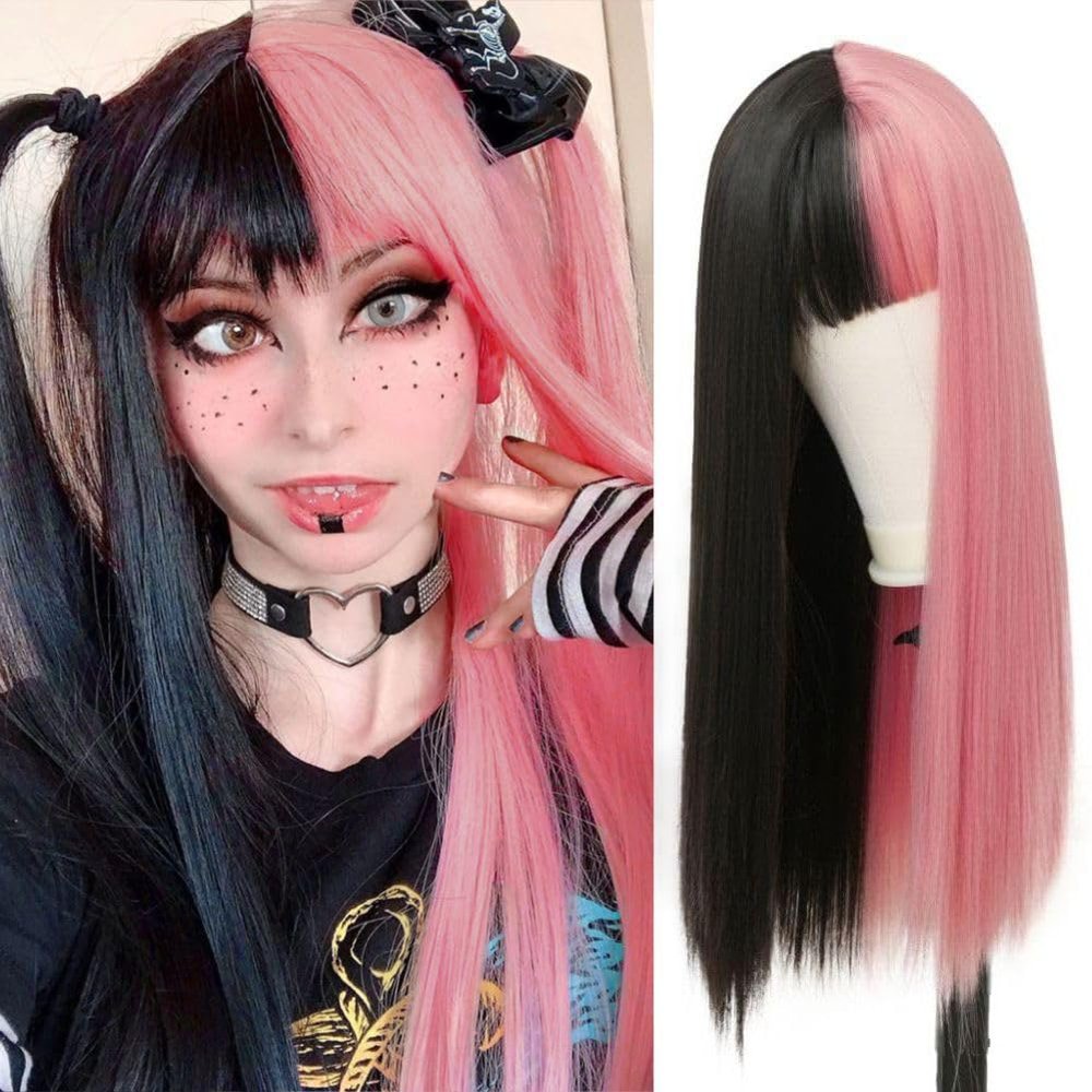 ORAVISTA Half Grey Half Black Long Straight Synthetic Wigs for Women with Bangs Natural Look Heat Resistant Halloween Cosplay (Black Pink)