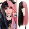 ORAVISTA Half Grey Half Black Long Straight Synthetic Wigs for Women with Bangs Natural Look Heat Resistant Halloween Cosplay (Black Pink) view 1